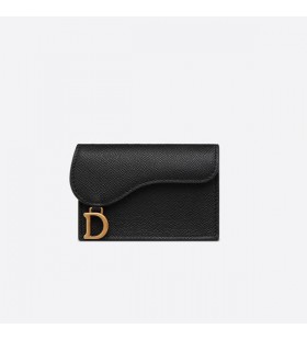 Dior Saddle Flap Card Holder Grained Calfskin Black