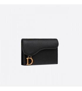 Dior Saddle Flap Card Holder Grained Calfskin Black