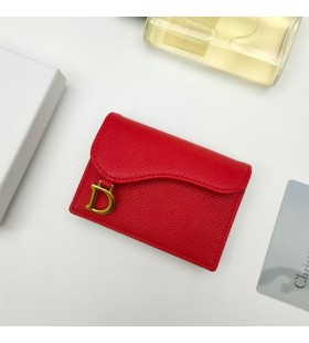 Dior Saddle Flap Card Holder Grained Calfskin Red