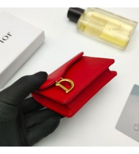 Dior Saddle Flap Card Holder Grained Calfskin Red