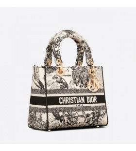 Medium Lady D-lite Bag Toile de Jouy Zodiac Motif Canvas White